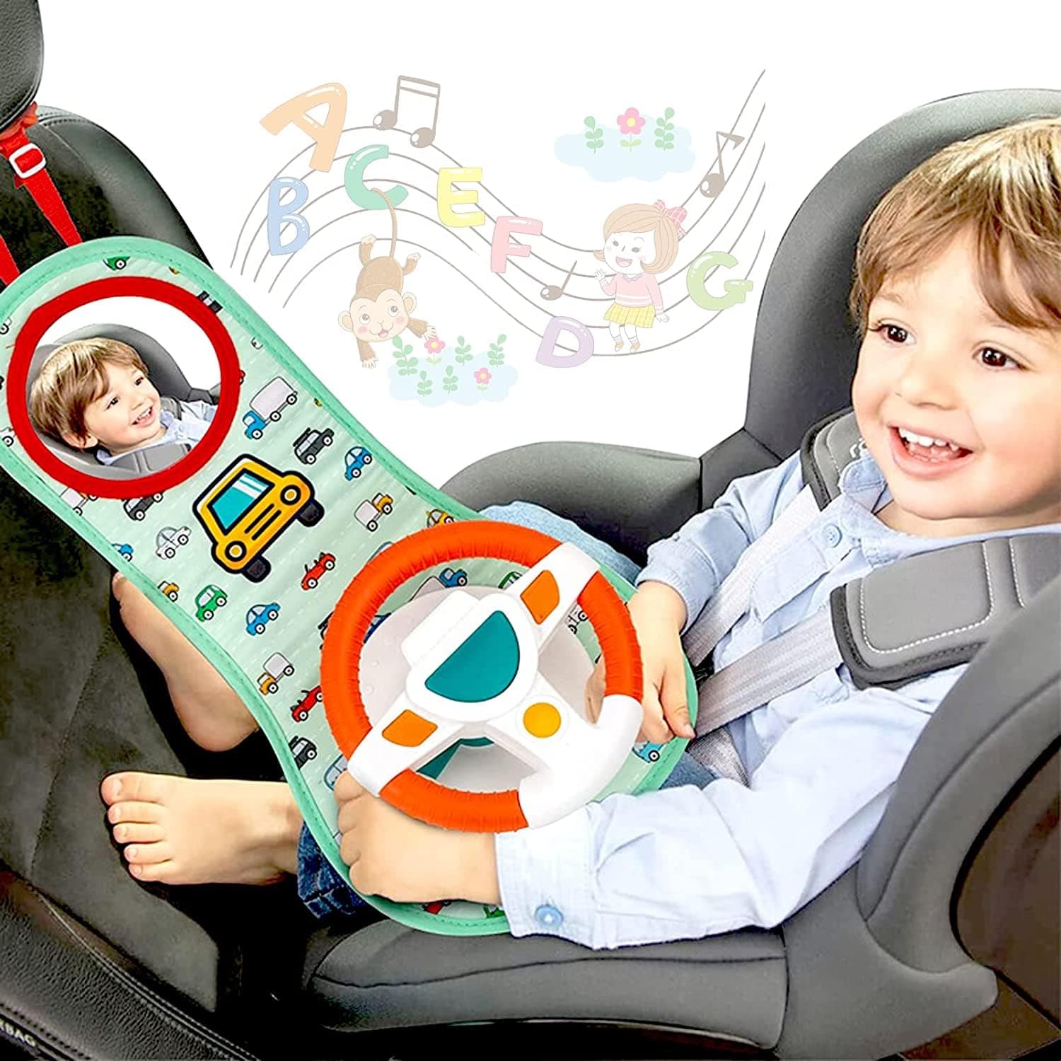Soofam Baby Car Seat Toys for Infants with Mirror, Carseat Toys Steering Wheel with Music Lights and Driving Sounds, Travel Car Seat Toy for Infants Babies 6 to 12 Months