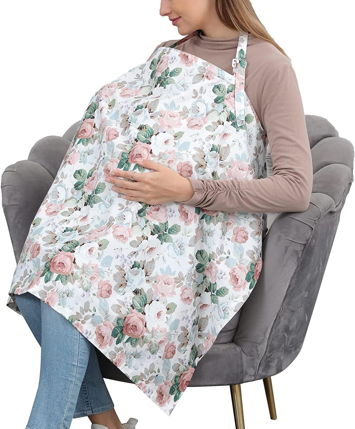 Cotton Nursing Cover for Breastfeeding, Adjustable Neck Strap, Soft and Breathable, Multipurpose Baby Care Cover, White Flower Design