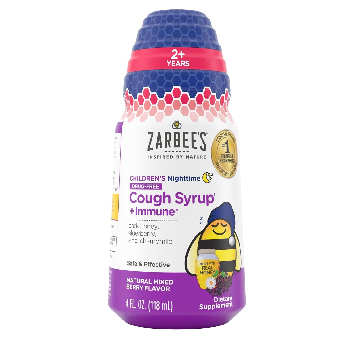 Zarbee's Kids Cough + Immune Nighttime for Children 2-6 with Dark Honey, Vitamin D & Zinc, #1 Pediatrician Recommended, Drug & Alcohol-Free, Mixed Berry Flavor, 4FL Oz | For Kids Ages 2+ Years, Soothing Dark Honey, Real Elderberry, Vitamin D & Zinc, Chamomile, Drug-Free, Mixed Berry