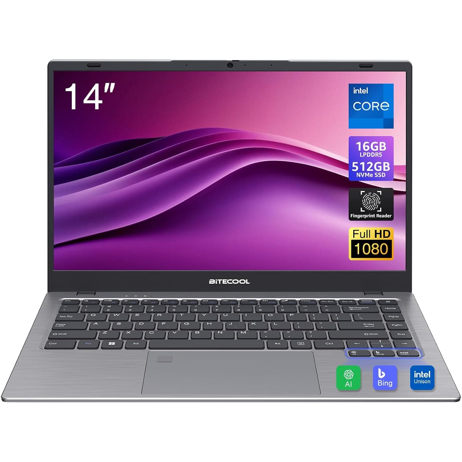 BiTECOOL 14-inch Win 11 Laptop Computer, 16GB RAM 512GB NVMe SSD Laptop, Core N95 Processor up to 3.4GHz, FHD IPS Display, 2.4G/5G WiFi, BT 5.0, RJ45, Type C, Webcam and Fingerprint Reader