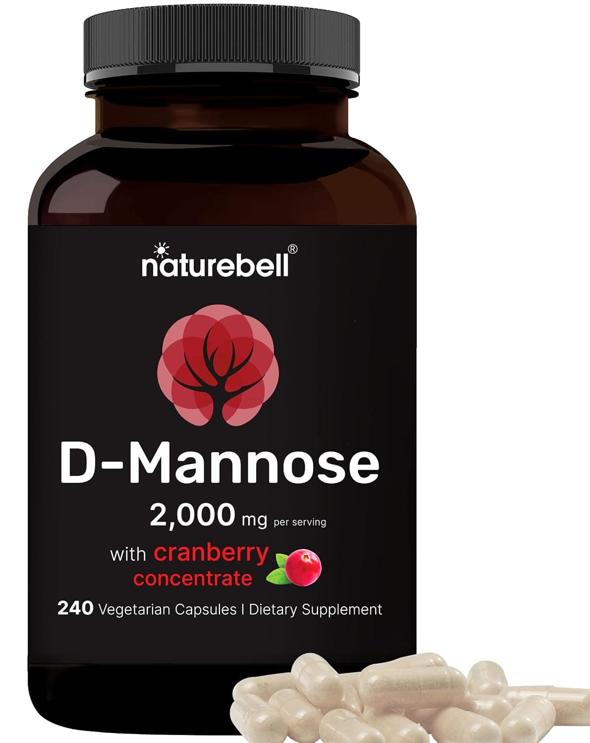 NatureBell D-Mannose 2000 mg with Cranberry, 240 Capsules, 2-in-1 Formula, Non-GMO