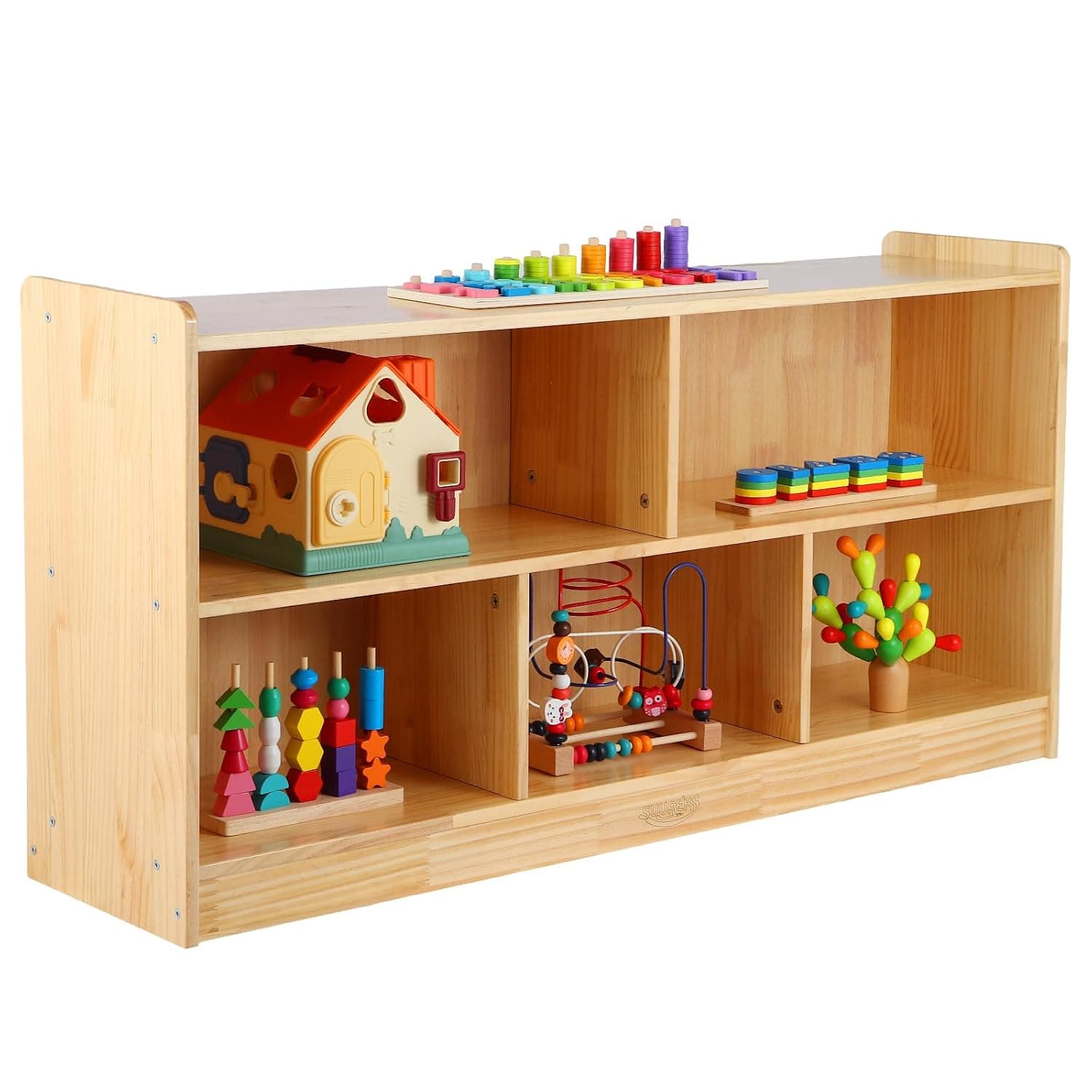 Montessori Shelf, Toy Storage Organizer with 2-Layer Bookshelf, 5-Section Wooden Storage Cabinet, Book Shelf for Kids Rooms, Playroom, School, Nursery