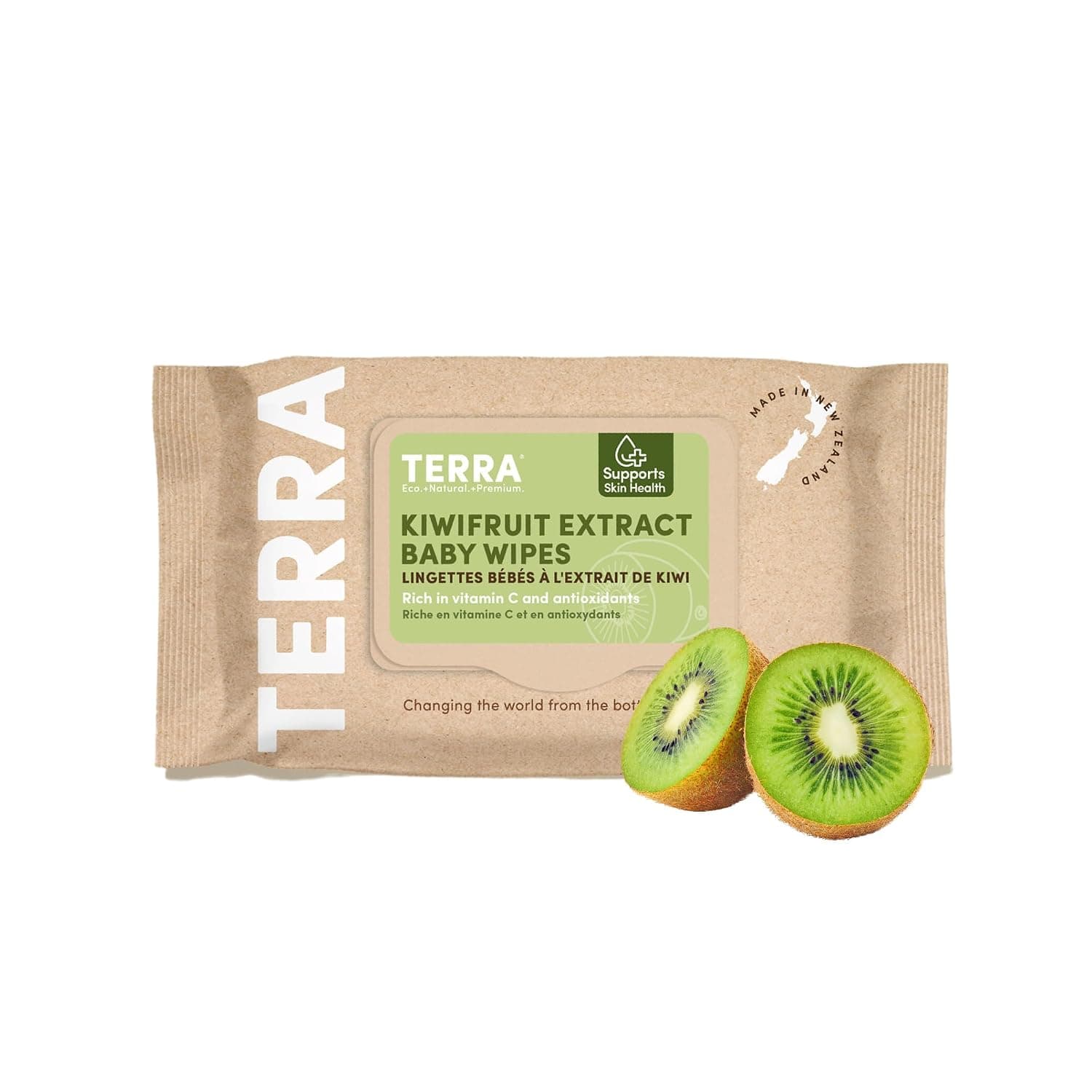 Terra Bamboo Baby Wipes: 99% Pure New Zealand Water + Kiwifruit Extract, 100% Biodegradable Bamboo Fiber, 0% Plastic, For Sensitive Skin, Rich In Vitamin C, 0+ Months, 1 Pack of 70 Wipes