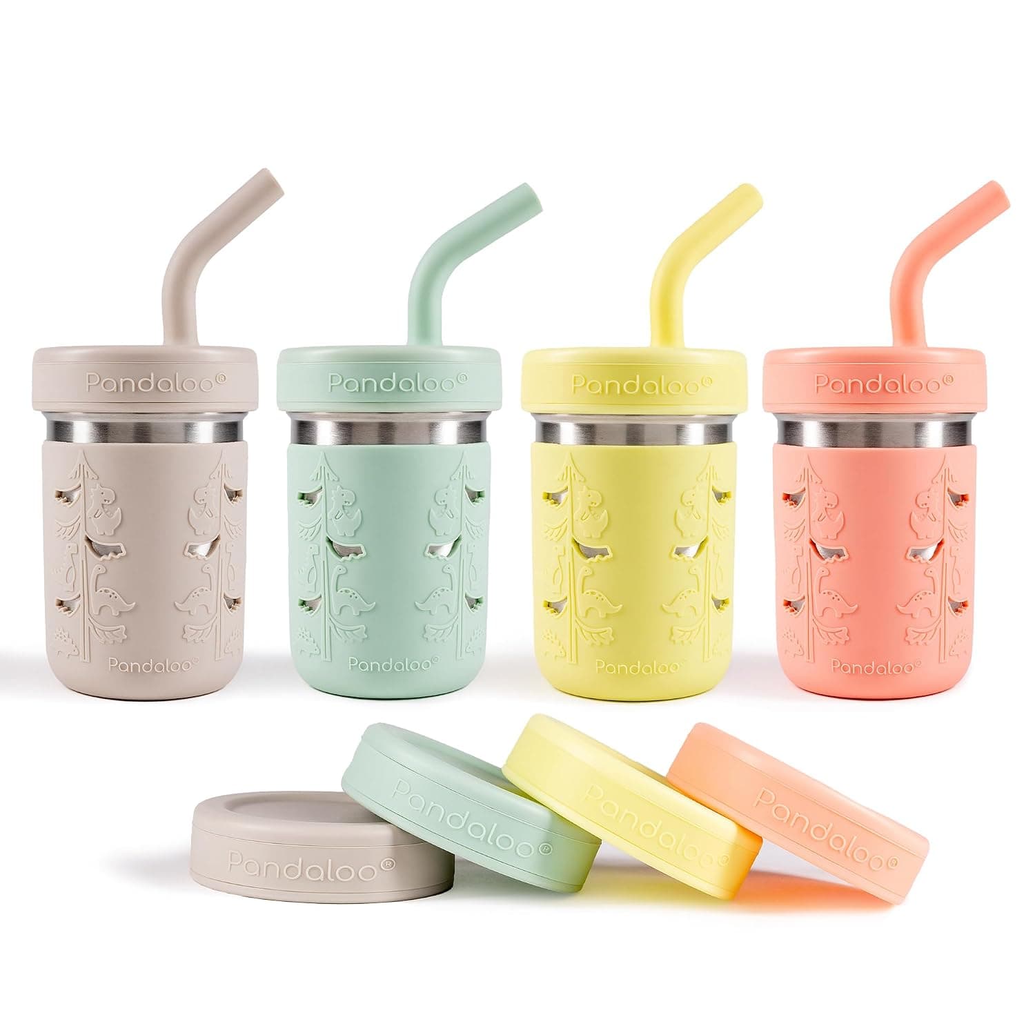 Pandaloo® Stainless Steel Cups 10oz | Kids & Toddler Cups with Silicone Sleeves & Straws with Stopper | Spill proof and Leak proof Smoothie Cups (Creamy Mushroom/Sage/Lime/Peach, Pack of 4)