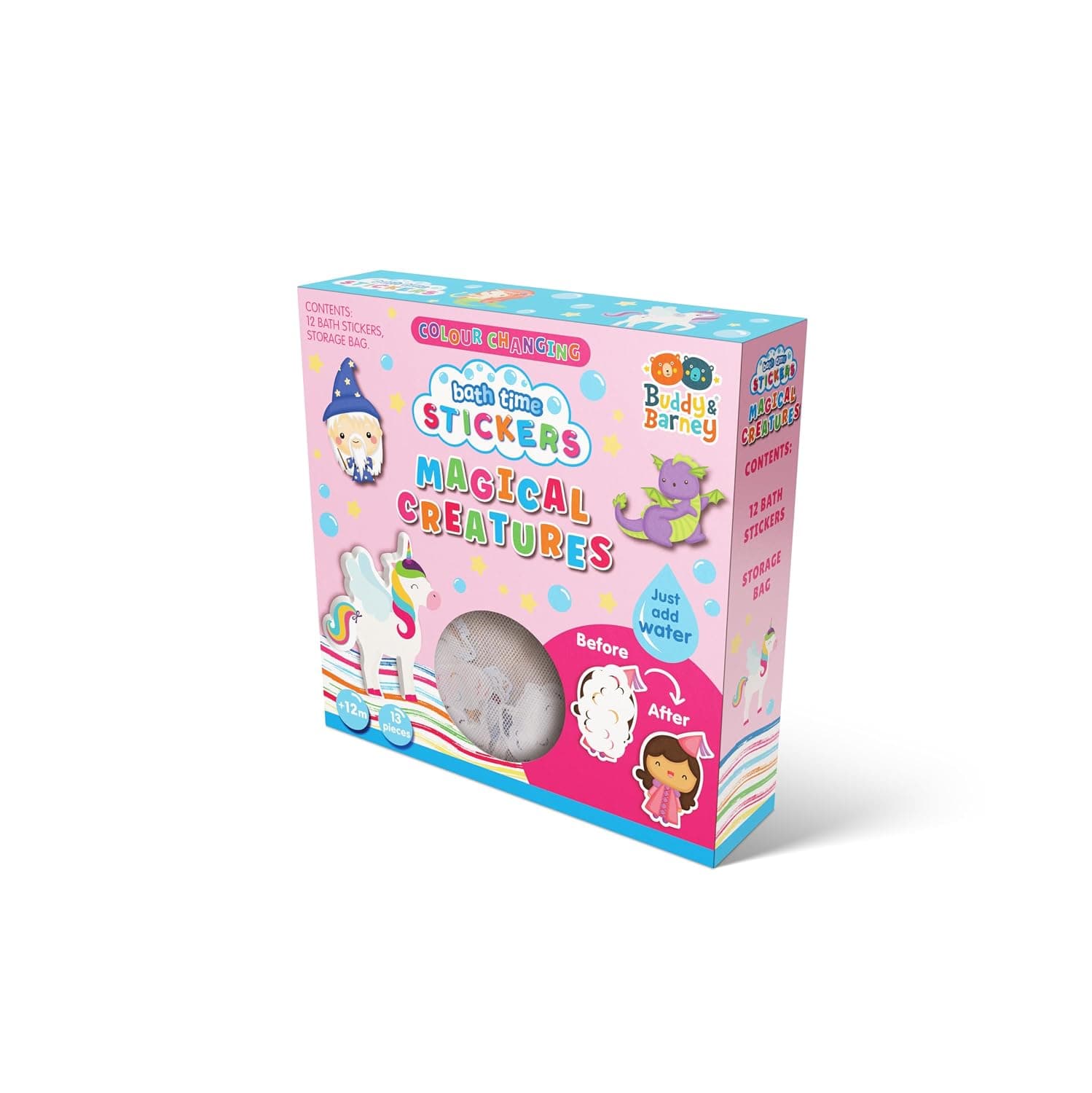 Buddy & Barney: Color Changing Bath Time Stickers - Magical Creatures - 13pc Foam Stickers & Mesh Storage Bag, Water Toy, Babies-Toddlers-Kids Ages 1+
