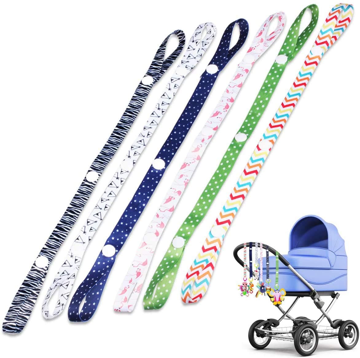 Baby Toy Strap Lead, 6 Pack, Adjustable Pram Pacifier Strap for Hanging Toy Leash, Anti-Drop Strap (6 Patterns)
