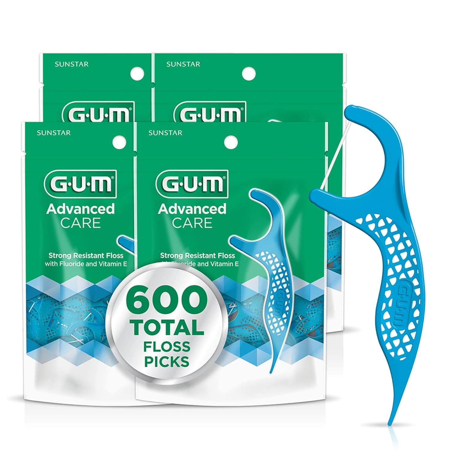 GUM - 888DF Advanced Care Flossers, Fresh Mint Dental String Floss Picks, Vitamin E & Fluoride, 600 Count