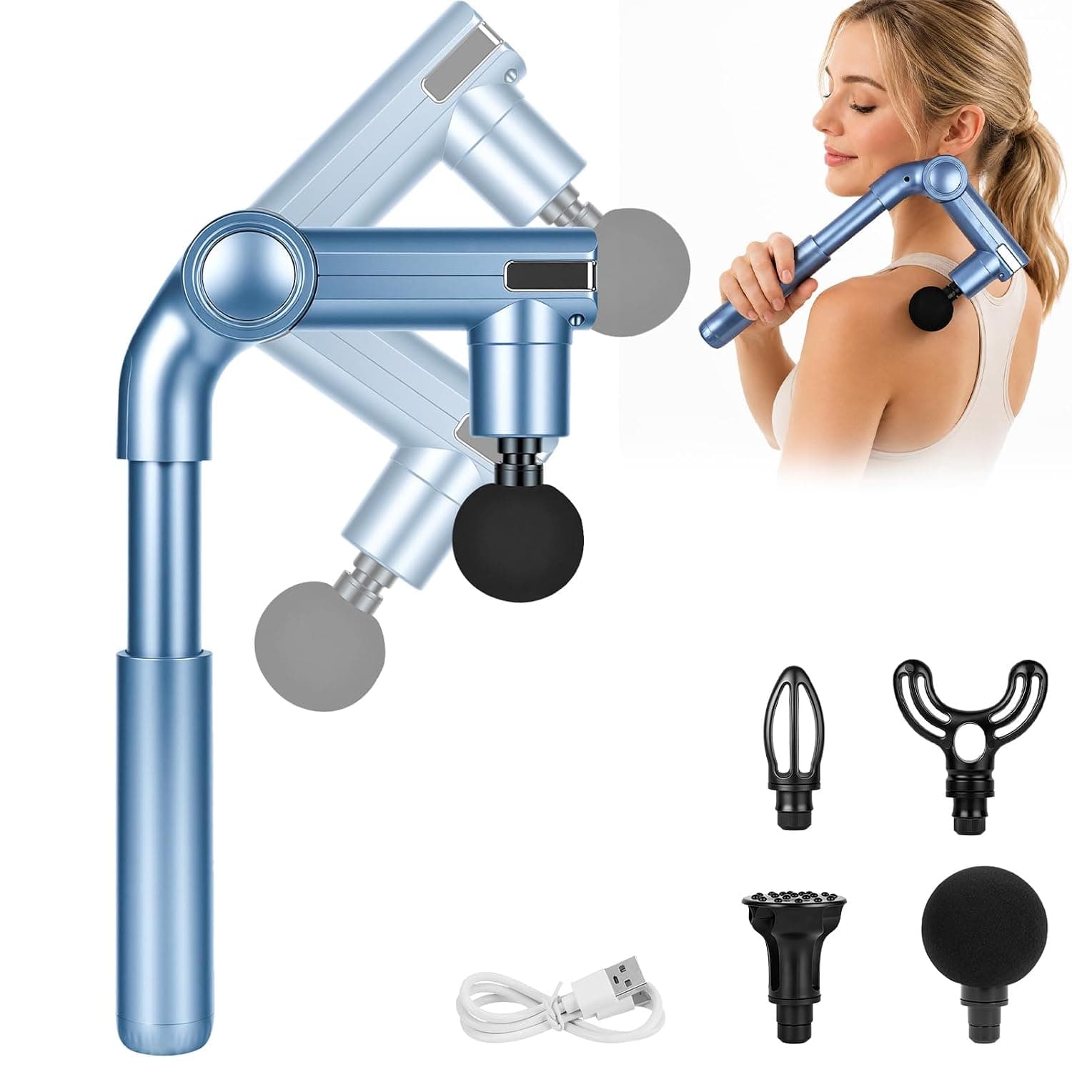 Massage Gun with Extendable Handle, Folding Head, Massage Gun with 4 Massage Heads, 3 Adjustable Angles for Back, Shoulder, Neck and Body, Relaxation, Blue