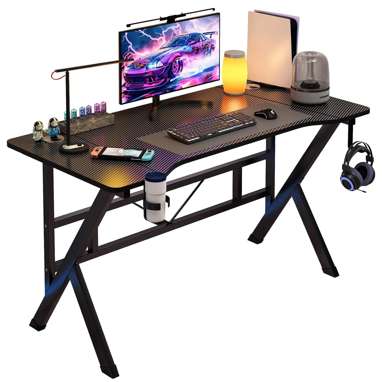 Gaming table K shaped, 140CM Sturdy Computer table with Headphone Holder and Cup Holder, Carbon Fiber Surface Study tables and Gaming desk tables for Students and Gamers (Black, 140 * 60 * 75CM)