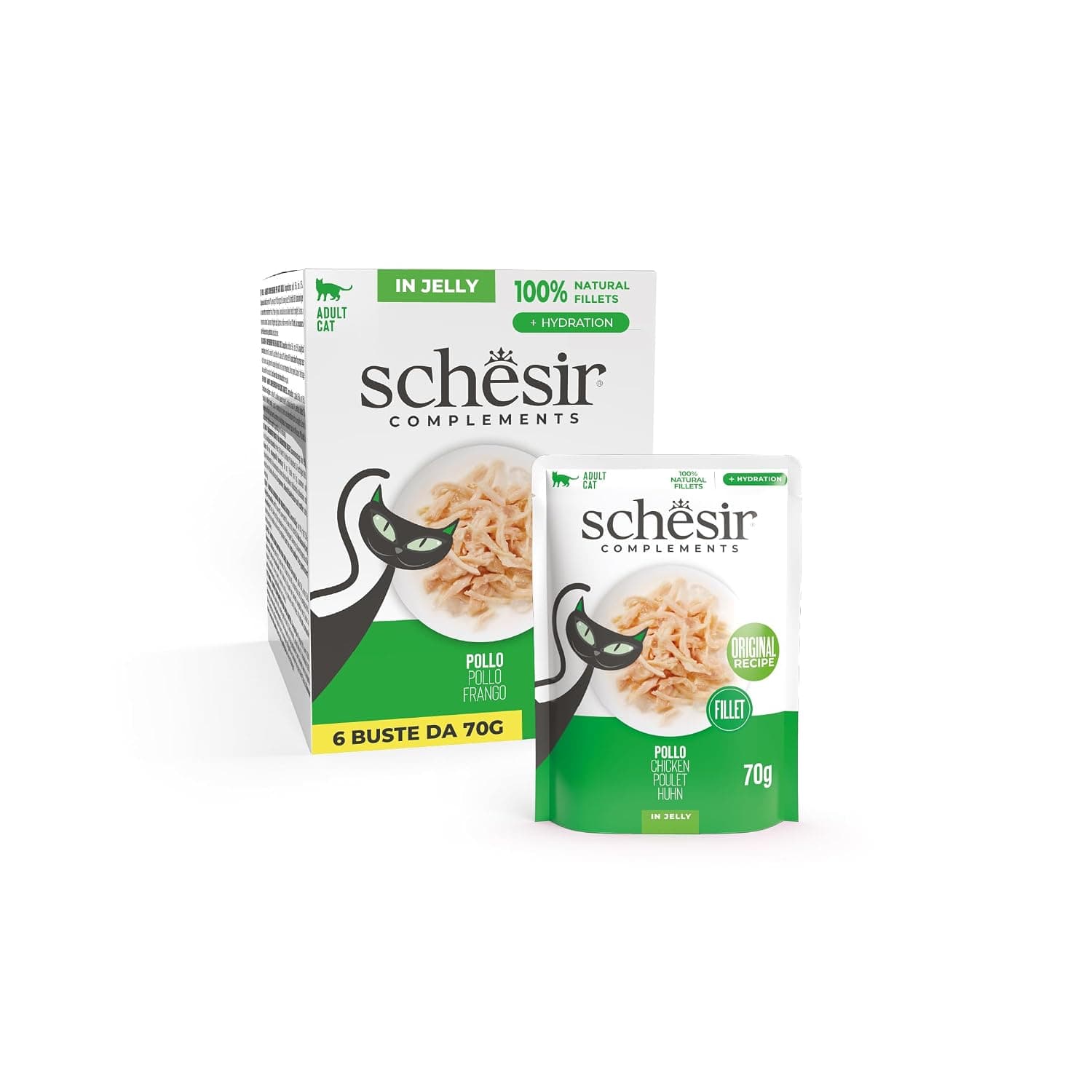 Schesir, Chicken fillets in jelly, Complementary Wet Cat Food, Original Recipe, 100% Natural, 6 envelopes of 70g