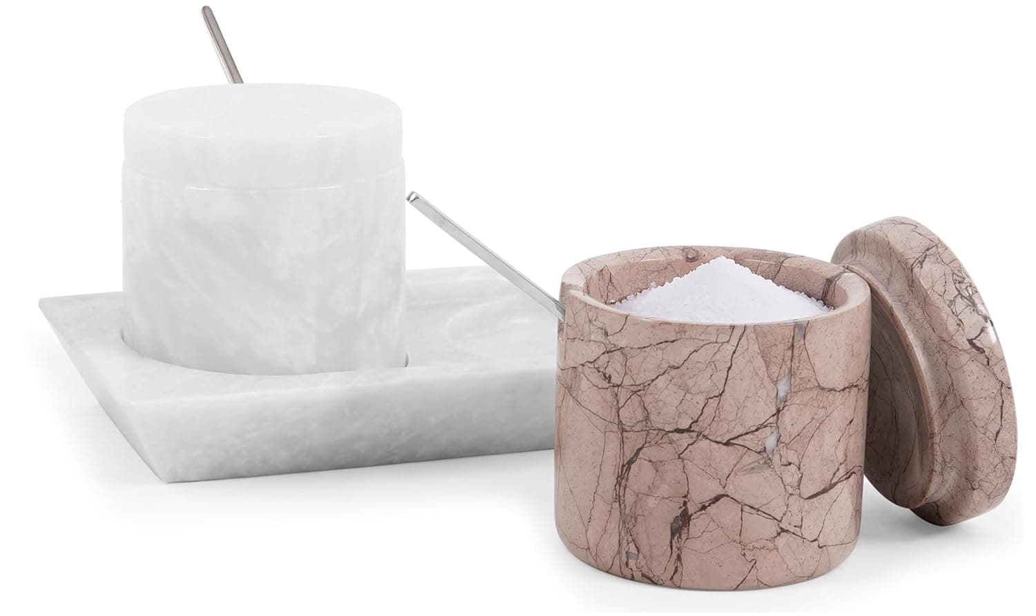 White & Marinara Marble Salt Cellar Set of 2 with Tray & Lids, 3 Inch Handmade Natural Stone Salt & Spice Containers for Kitchen Countertop Storage, Luxury Kitchen Decor Accessory