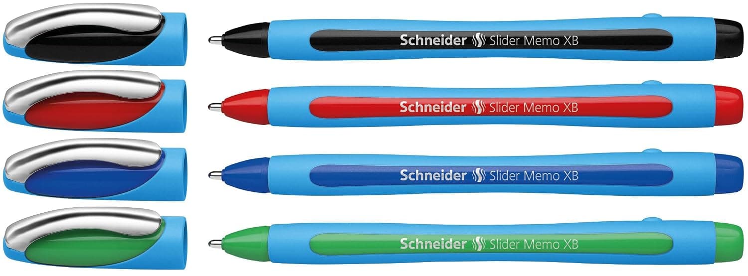 Schneider Slider Memo XB 75020 Ballpoint Pen with Cap, Line Width: XB, Ink Colour: Red/Black/Blue/Green, Pack of 4