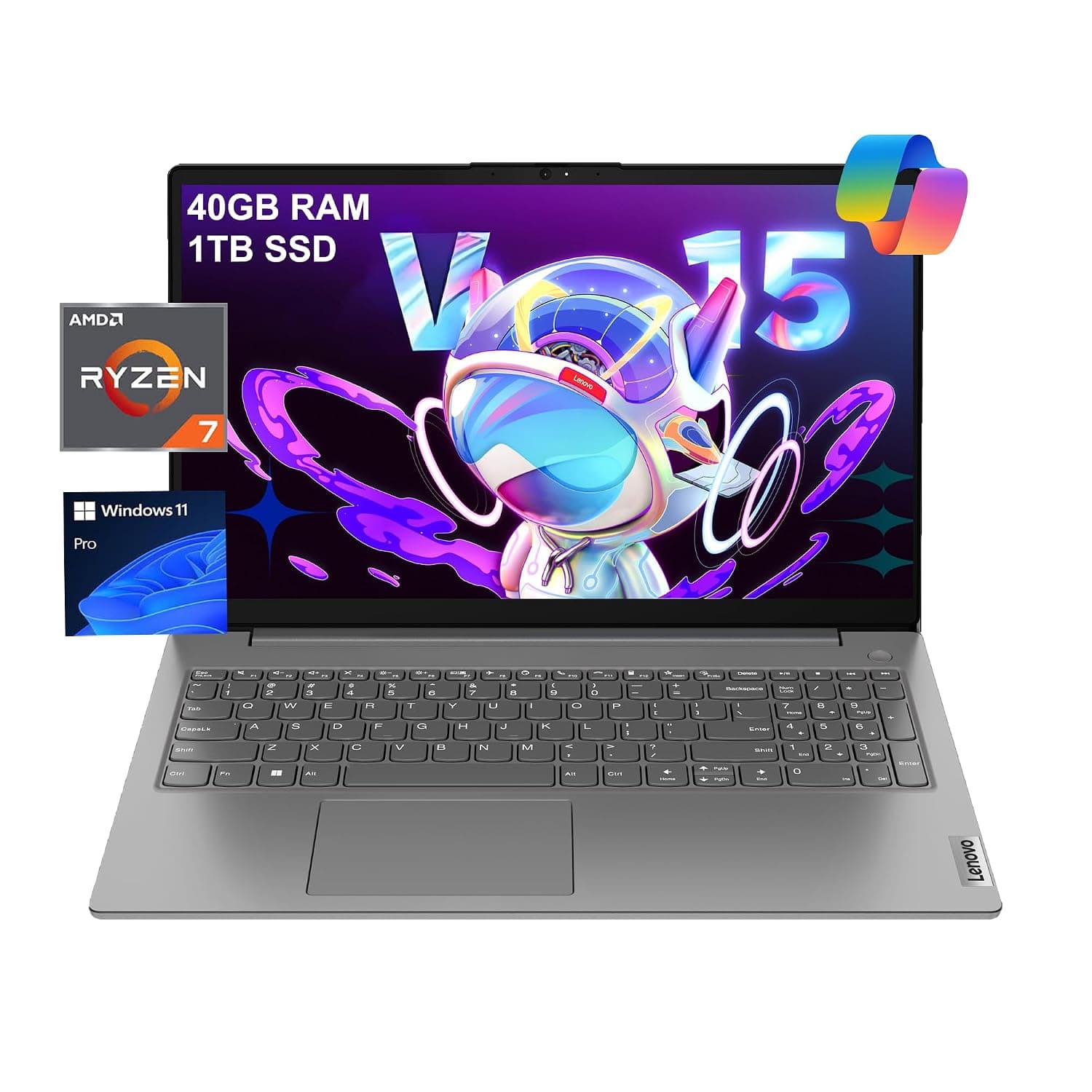 Lenovo Laptop computer V15, AMD Ryzen 7 7730U, 40GB RAM, 1TB SSD | 15.6" FHD, for Business, Student, > Intel i7-1355U, Numeric Keypad, Webcam w/Shutter, RJ-45, Win 11 Pro w/AI Copilot, Grey