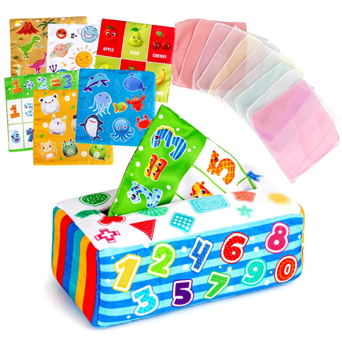 Baby Tissue Box Toy Sensory Crinkle Tissue Box Magic Tissue Box with Digital Graphics Development Fine Motor Skills Preschool Learning Toys for Infants Toddlers Boys Girls Sensory Toy