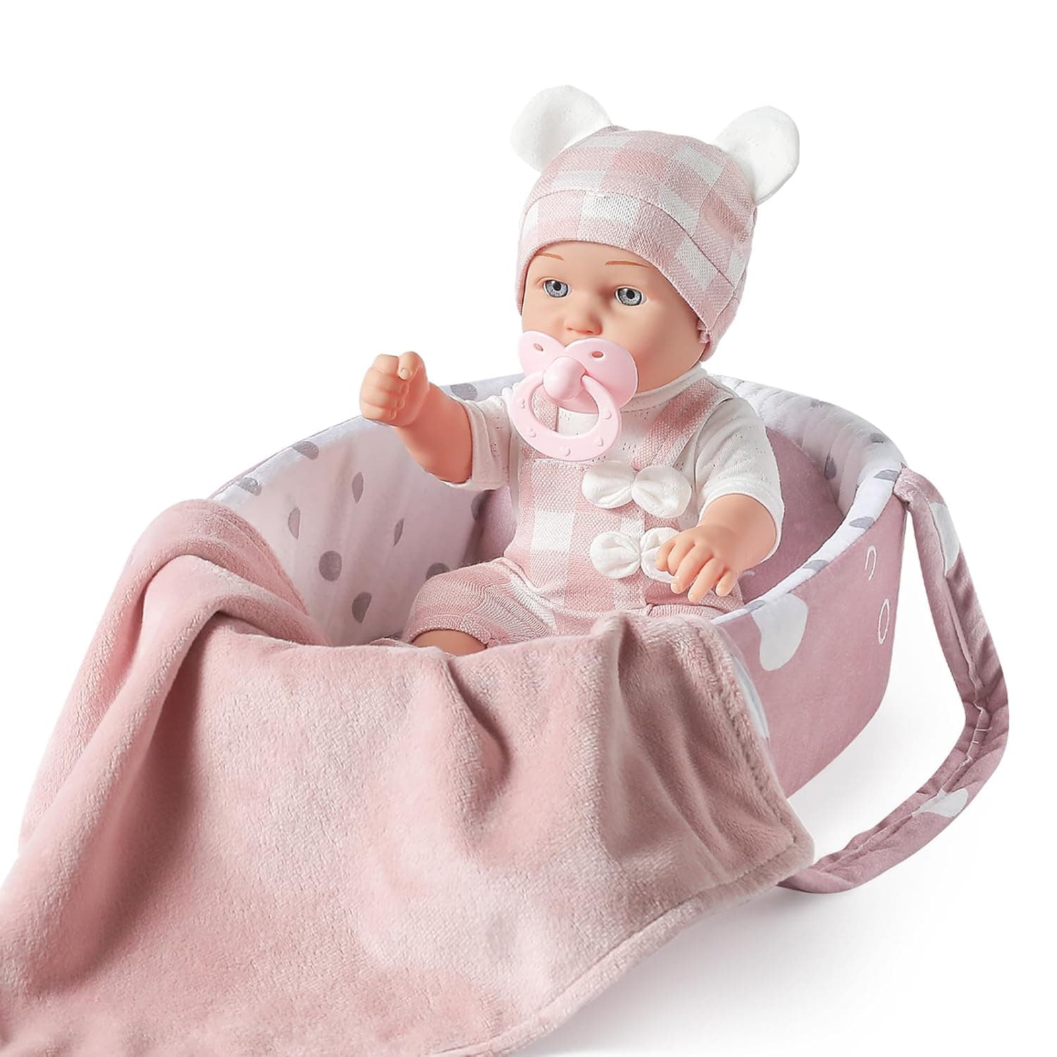 12 Inch Baby Doll Toy Set with Accessories, Includes Baby Doll Carrier, Bassinet, Pacifier and Blanket, First Baby Doll for Toddlers, Girls 3+ Years | Doll set with crib and accessories: pacifier, blanket. Ideal for imitation games for girls aged 3 and up