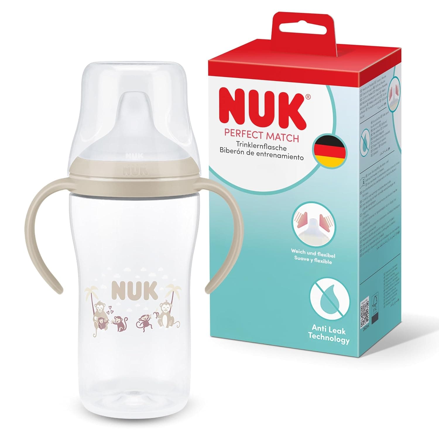 NUK Perfect Match Learning Bottle | 6+ Months | 260 ml | Leak-proof Drinking Bottle for Toddlers | Non-Slip Handles | Monkey | Pack of 1