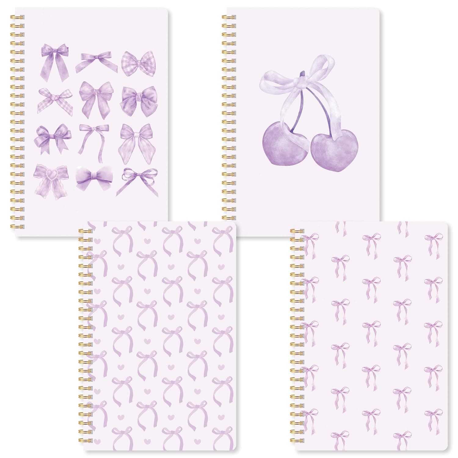 CNhoqc Purple Bow Coquette Notebooks - 4Pcs A5 Purple Watercolor Coquette Bow Cherry Notebooks, Hardcover Spiral Binding College Ruled Lined Pages for Gift Journal School Students Work Office Supplies