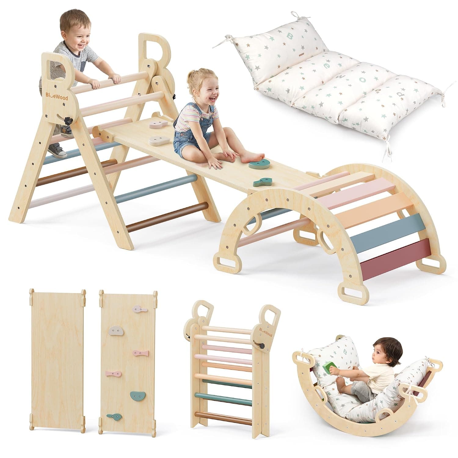 BlueWood Pikler Triangle Set with Cushion, 8-in-1 Climbing Toys for Toddlers, Montessori Philosophy Play Jungle Gym with Arch, Ramp, Ladder(Mauve Pink)