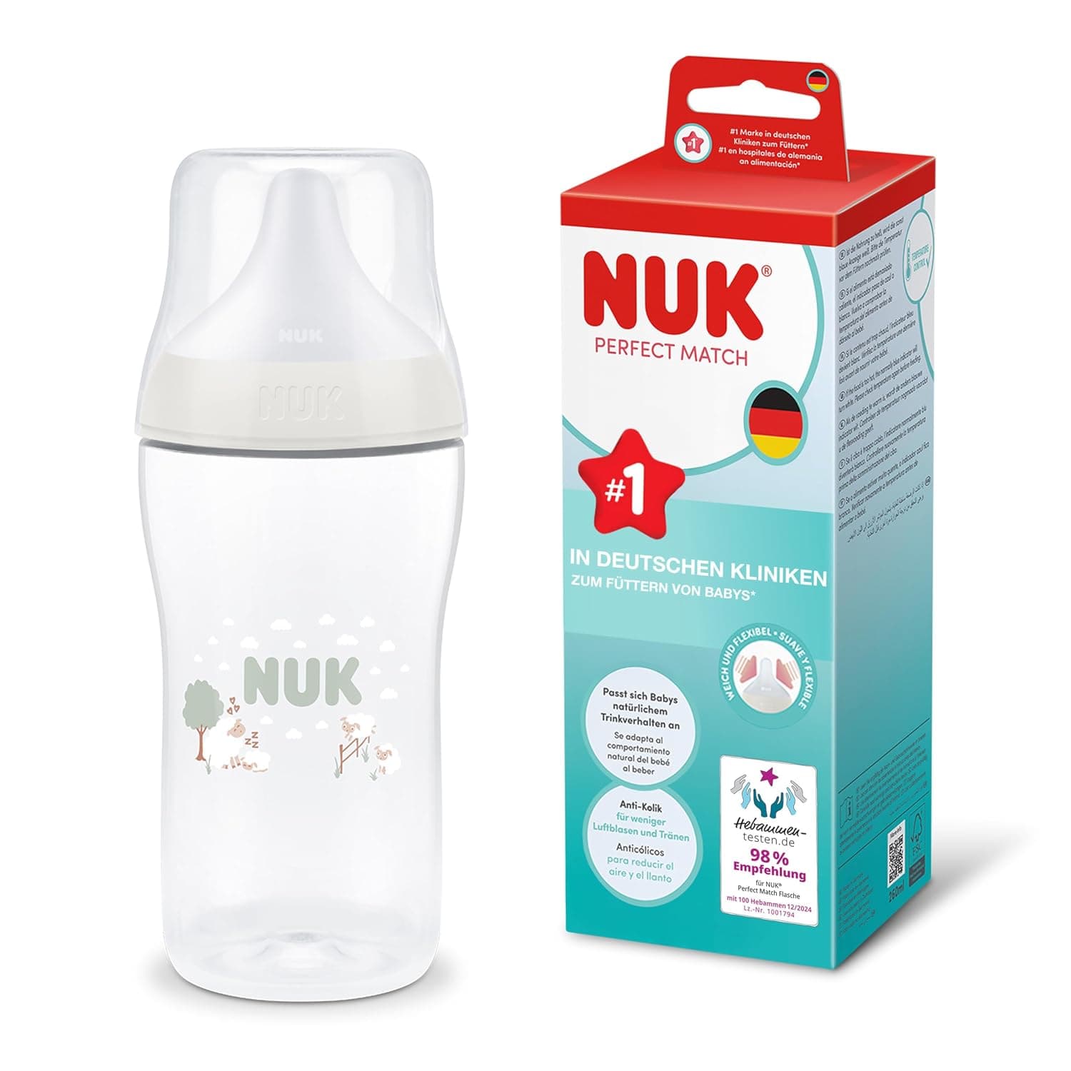 NUK Perfect Match Learning Bottle | 6+ Months | 260 ml | Leak-proof Drinking Bottle for Toddlers | Non-Slip Handles | Sheep | Pack of 1