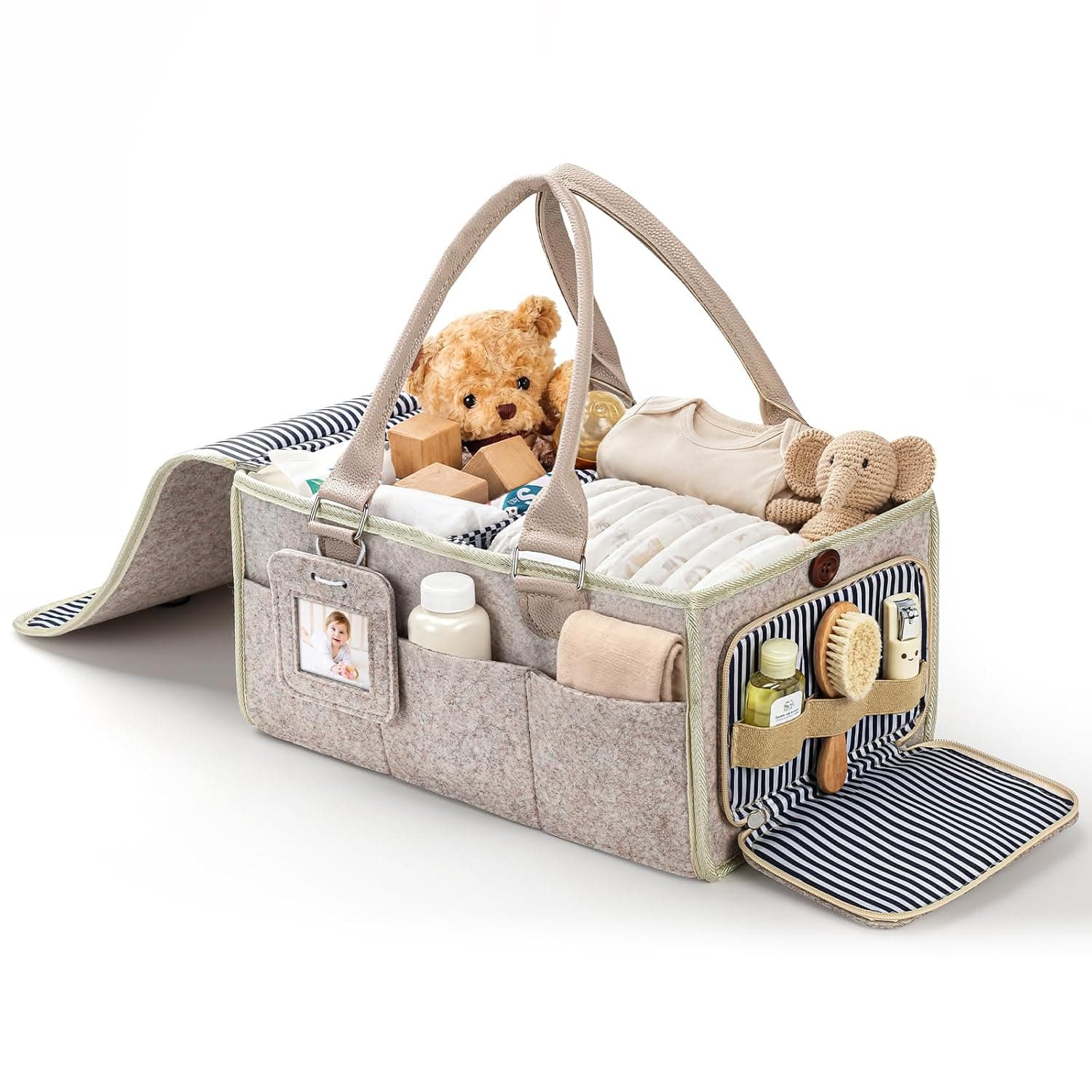 Diaper Caddy Organizer–Felt Storage Bin for Car & Bedside, Oatmeal | Portable nursery tote for changing table, car & home. Soft felt, diaper bag alternative, baby essentials, newborn gift.