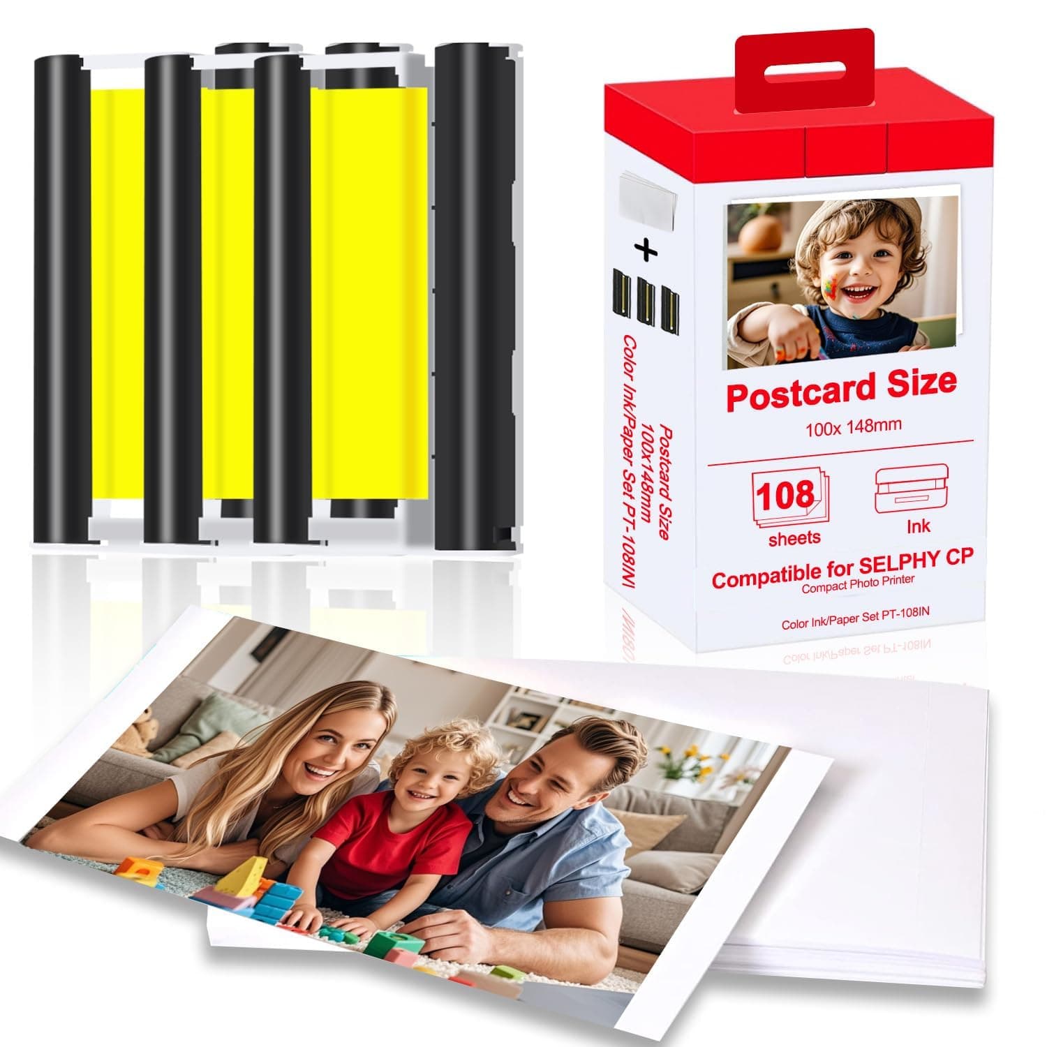 Compatible with Canon Selphy CP1500 CP1300 Ink and Paper KP-108IN 3 Color Ink Cartridges and 108 Sheets 4x6 Photo Paper Glossy for Canon CP1200 CP1000 CP910 CP810 CP790 Photo Printer