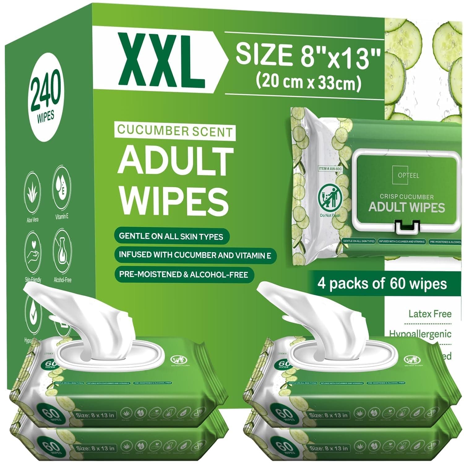 OPTEEL Wipes for Adults – Extra Large 8x13, Scented, Pre-Moistened, 240ct | Rinse-Free, Super Soft, Aloe & Vitamin E Infused Disposable Washcloths for Personal Cleansing & Incontinence Care