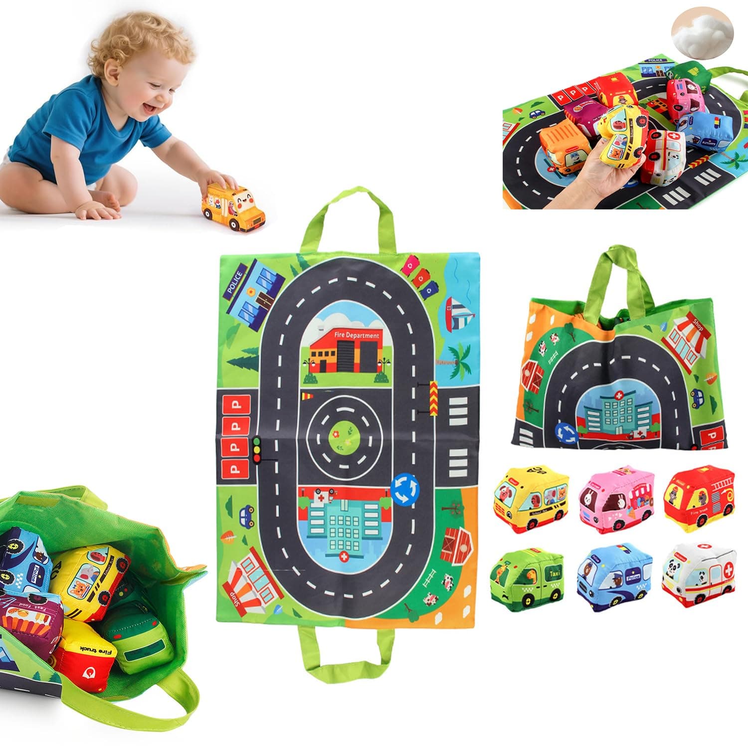 LinJie Soft Car Toys,Plush Car Toys For Newborns,Baby Toy Soft Pull Back Cars Toys,With Play Mat Storage Bag/Foldable/Washable/Cute Vehicle Toys Suitable For Boys And Girls 1+ Age
