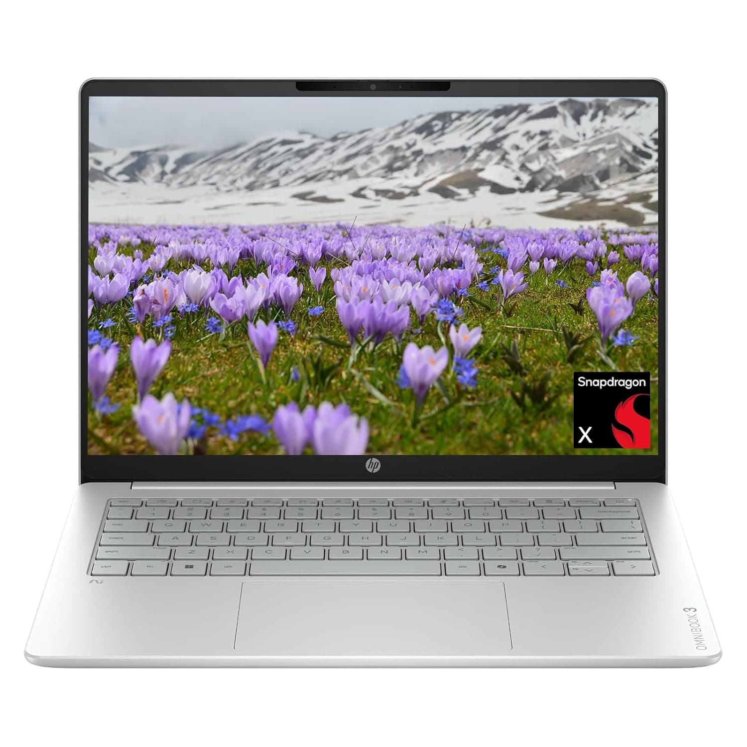 HP OmniBook 3 14" Next Gen AI PC, 2K (1920 x 1200) Display, Snapdragon X X1-26-100, 16GB RAM, 512GB SSD, Qualcomm Adreno GPU, Windows 11 Home, Glacier Silver, EAT Cloth