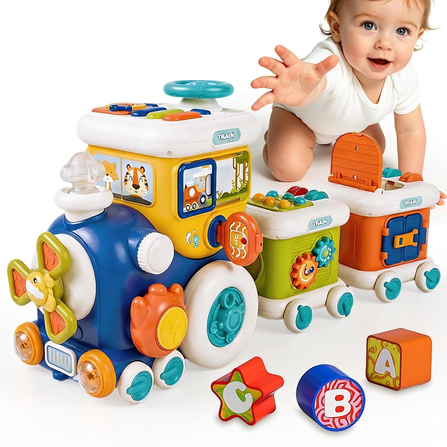 Soofam 8 in 1 Activity Cube with Light Sound, Montessori Toys for 1 Year Old Boy Girl, Musical Train Baby Toys 6-12 Months,Educational Early Development for Shape Sorter Busy Toy