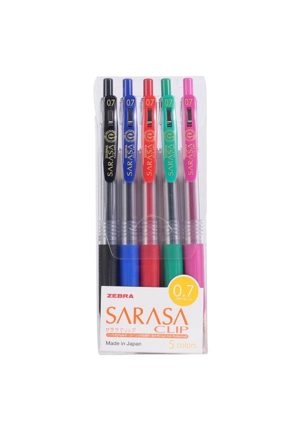 Zebra Sararsa Clip-On Gel Pen 5-Pieces, 0.7 mm Tip Size