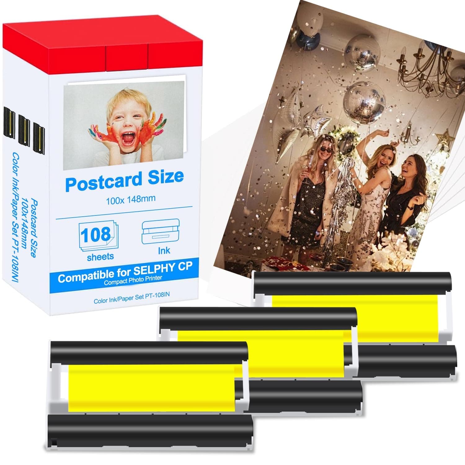 Compatible with Canon Selphy CP1500 CP1300 Ink and Paper, KP-108IN KP108 (4‘’ x 6'' 108 Sheets Photo Paper + 3 Color Ink) for Selphy Printer CP1200 CP1000 CP790 CP810 CP910 Photo Printer