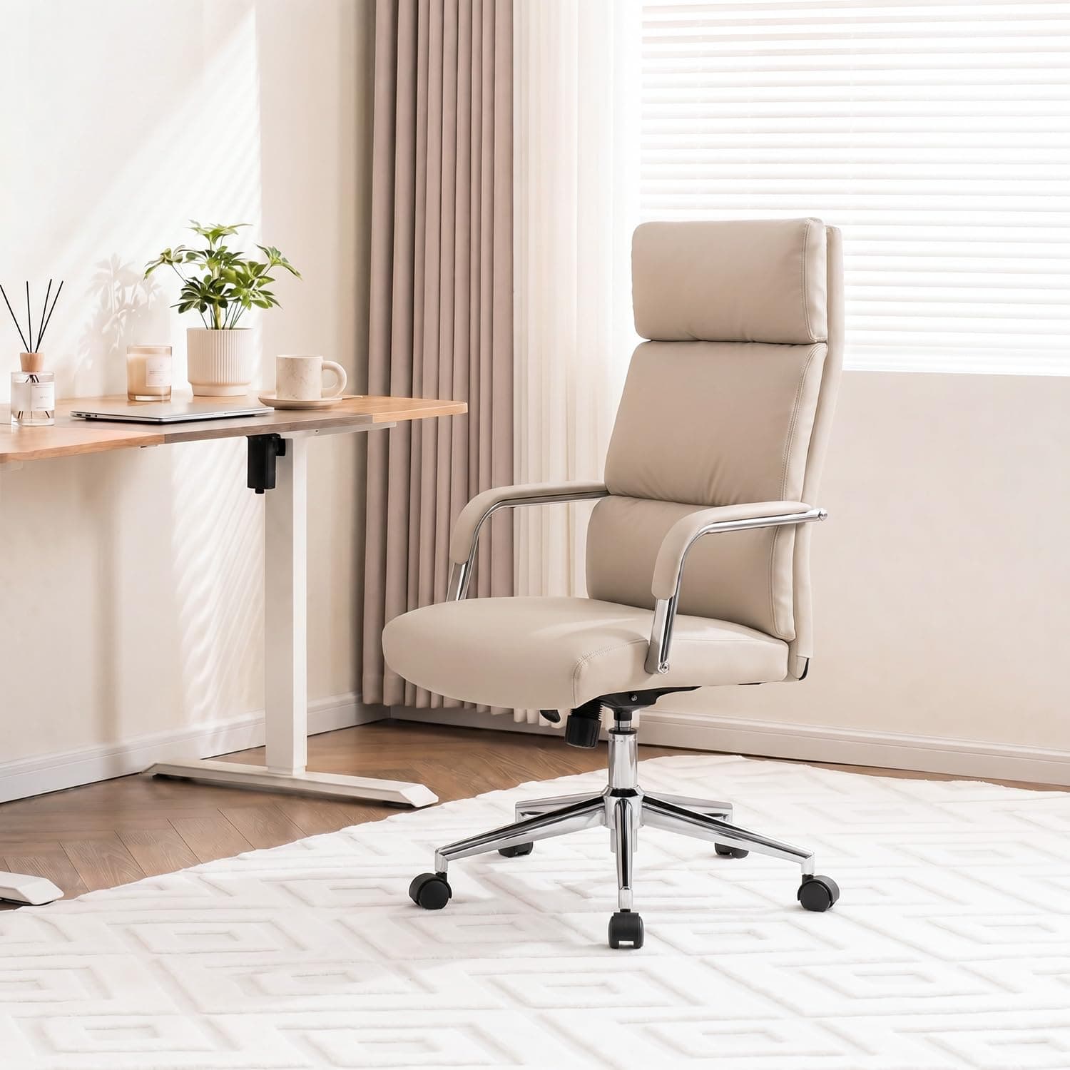 Office Task Chair with Adjustable Height, 360° Swivel, Padded Armrests, Mid-Back, Rolling, 27.6"D x 23.2"W x 47.2"H, Faux Leather (Beige)