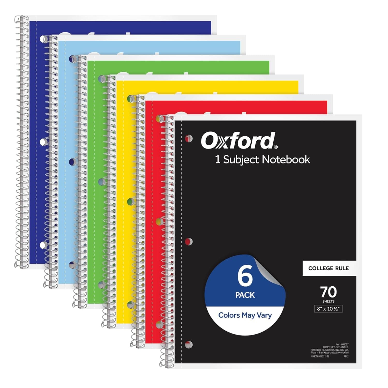 Oxford Spiral Notebook 6 Pack, 1 Subject, College Ruled Paper, 8 x 10-1/2 Inch, Color Assortment May Vary (65007)
