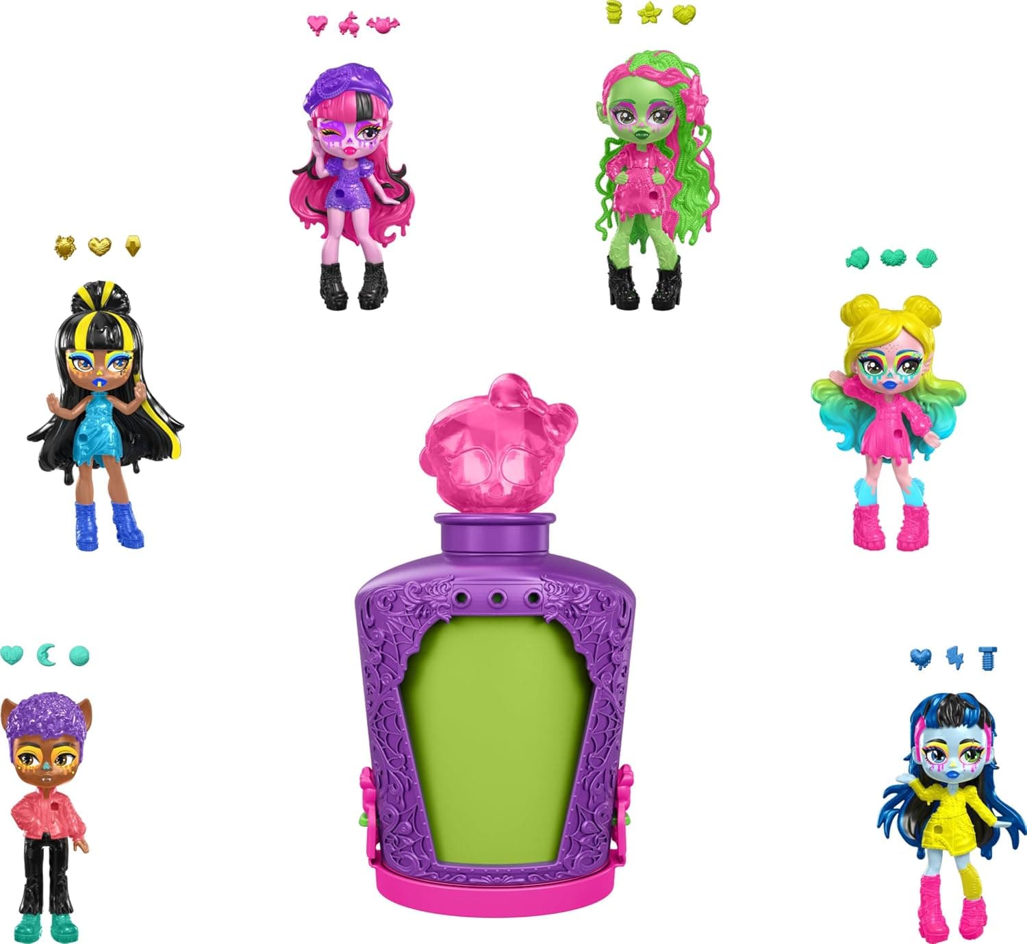 Monster High Potions, Mini Doll Character Surprise in a Jar with Accessories, Reveal Your Design by Applying Them, Assorted Models, Toy Gift for Boys and Girls +4 Years, HYB10