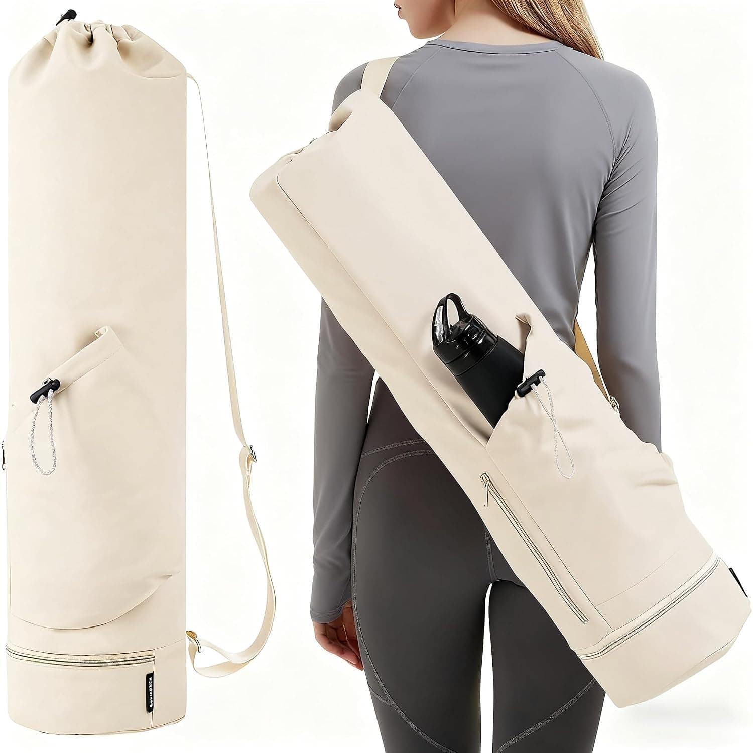 Tazweeq Yoga Mat Bag, Multi-Functional Storage Bag with Water Bottle Pocket and Bottom Wet Pocket, Exercise Yoga Mat Carrier for Women Men