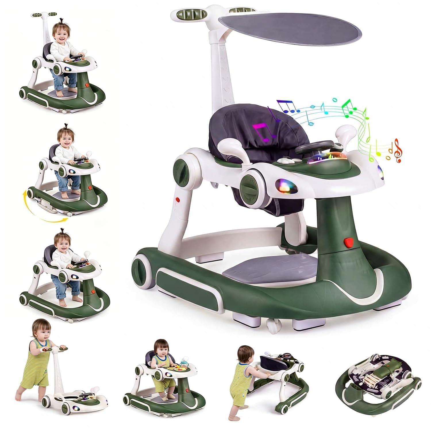 7 in 1 Baby Walker مشاية أطفال 7 في 1, Convertible Walker to Stroller, Adjustable 3-Position Height, Removable & Washable Seat, Interchangeable Fabric/Plastic Footpads for Home Indoor Toddler Training