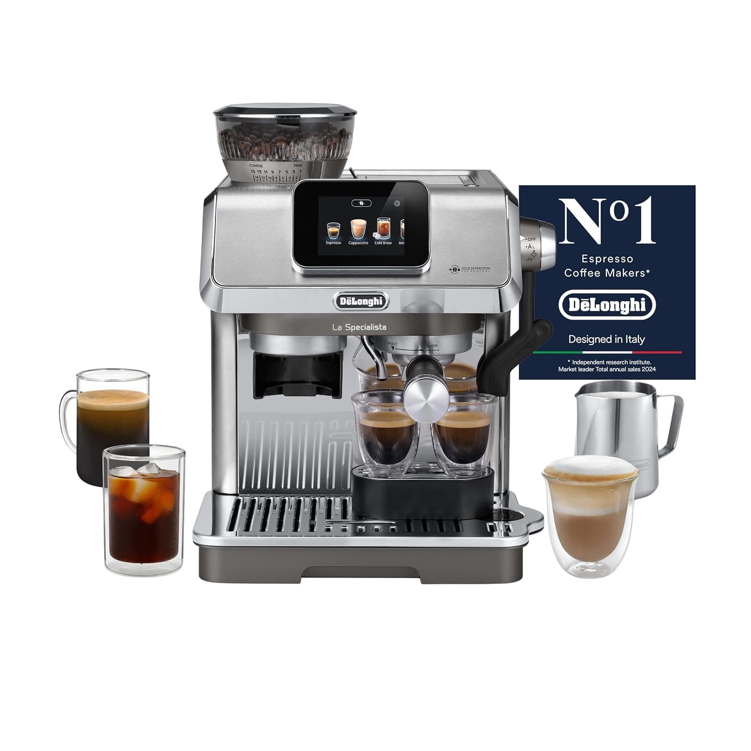 De'Longhi La Specialista Touch Espresso Machine with Advanced Grinder, Bean Adapt, Cold Brew, Active Temp Control, Latte Art, Auto/Manual Milk Frother, Touch Screen, Accessories, EC9455.M, Metal