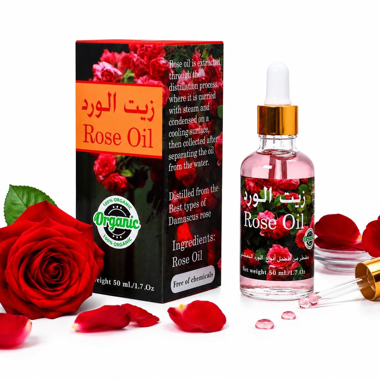 100% Organic Rose Oil-50 ml- Distilled from Damascus Rose-Cold-pressed organic oil effective for moisturizing skin tone and hair shine.