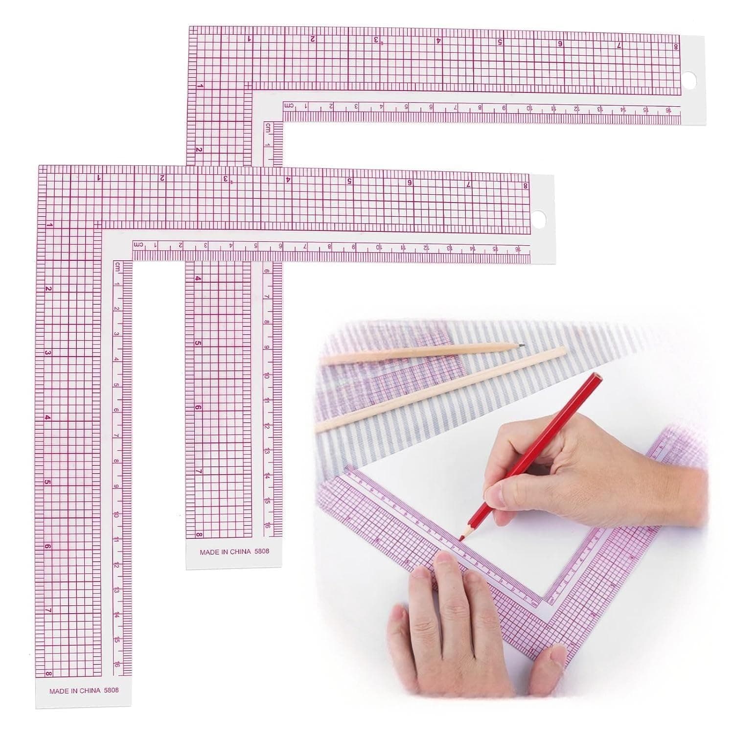 Sewing Ruler, Clear Plastic L-Square Ruler 90 Degree for Tailor, Dressmaking, Garment Pattern, Professional Sewing, Measuring, Craft Tool for Sewing, Drawing, Pattern Design, 2 Pcs
