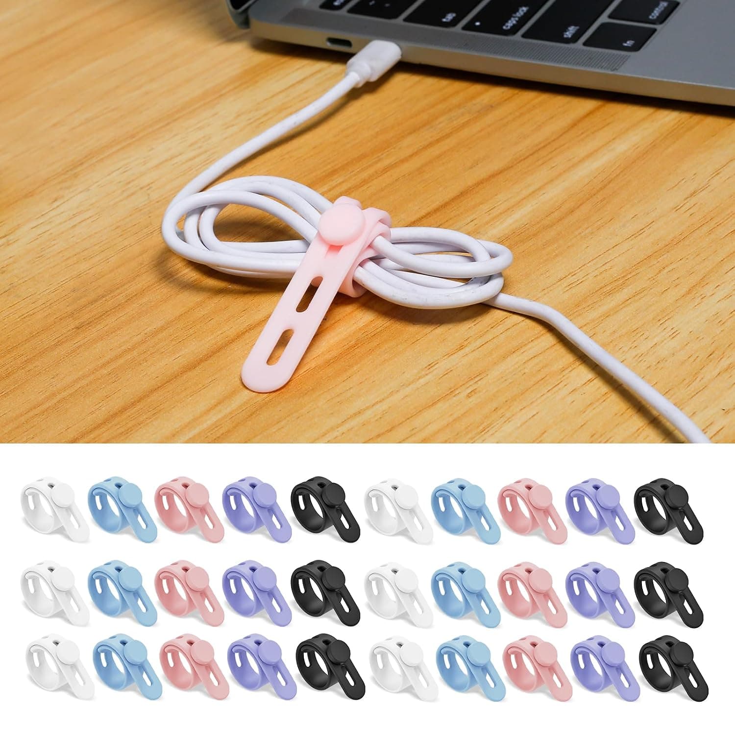 30Pcs Silicone Cable Ties Adjustable Cable Straps Black/Colorful Cord Organizer Reusable Cable Management Organizer Fastening Cable Straps for Travel Office Home