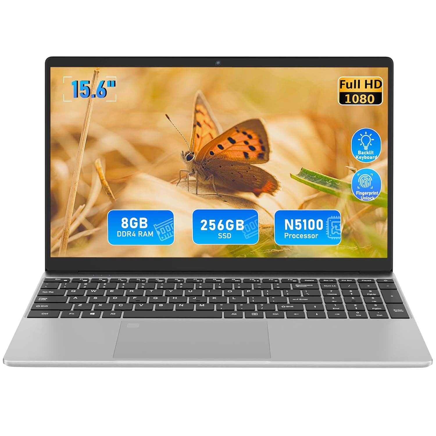 Windows 11 Pro Laptop with Backlit Keyboard & Fingerprint ID, 15.6" IPS FHD Display, 8GB RAM 256GB SSD, Intel Quad-Core N5100, Thin Computer for Business Student Work