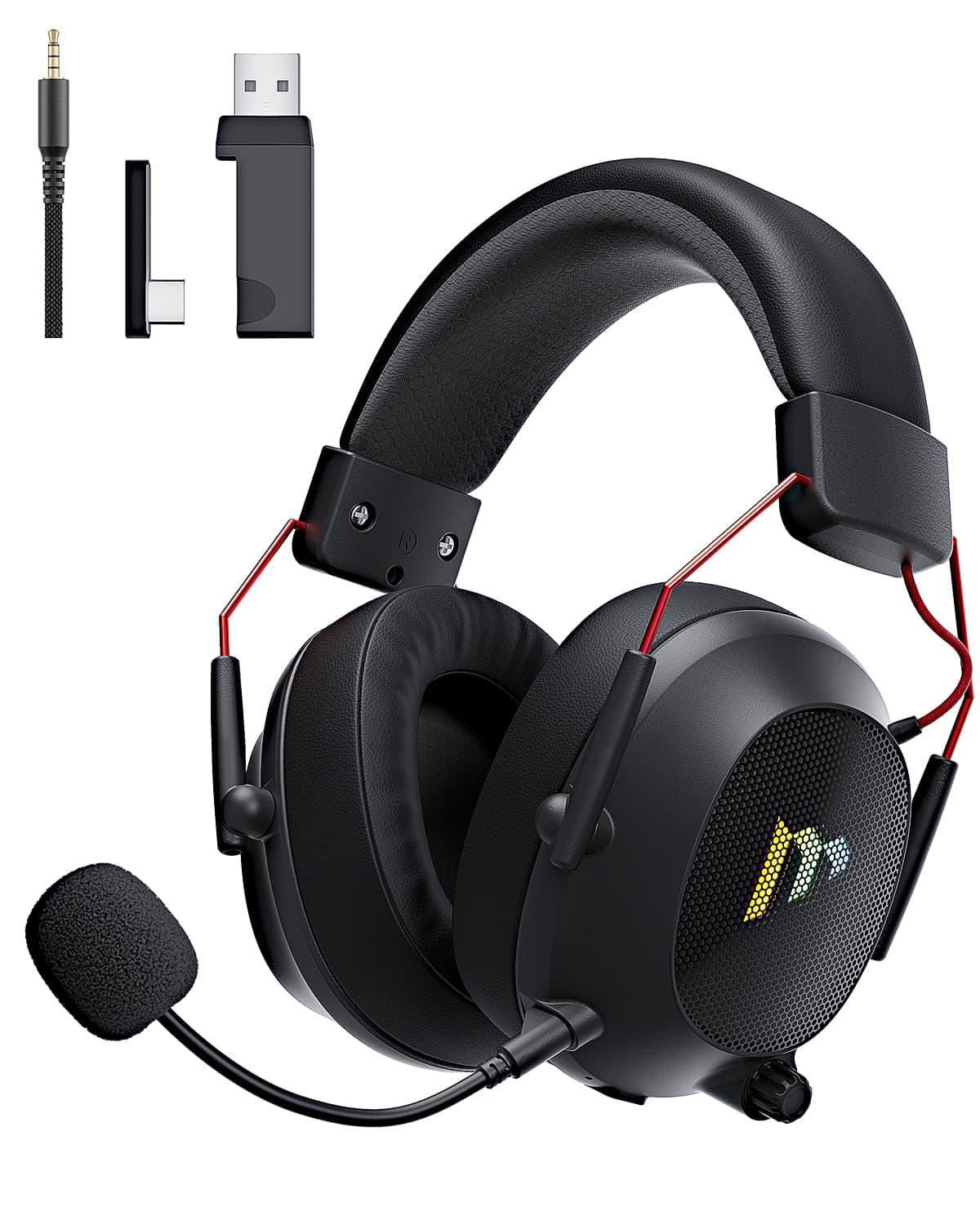 Mytrix 2.4GHz Wireless Gaming Headset with Noise Cancelling Detachable Mic for PC/PS5/PS4/Switch/Mac,Foldable Wired Headphones with RGB Light, 2.4GHz/Bluetooth/3.5mm Over-Ear Headphones,Surround Sound