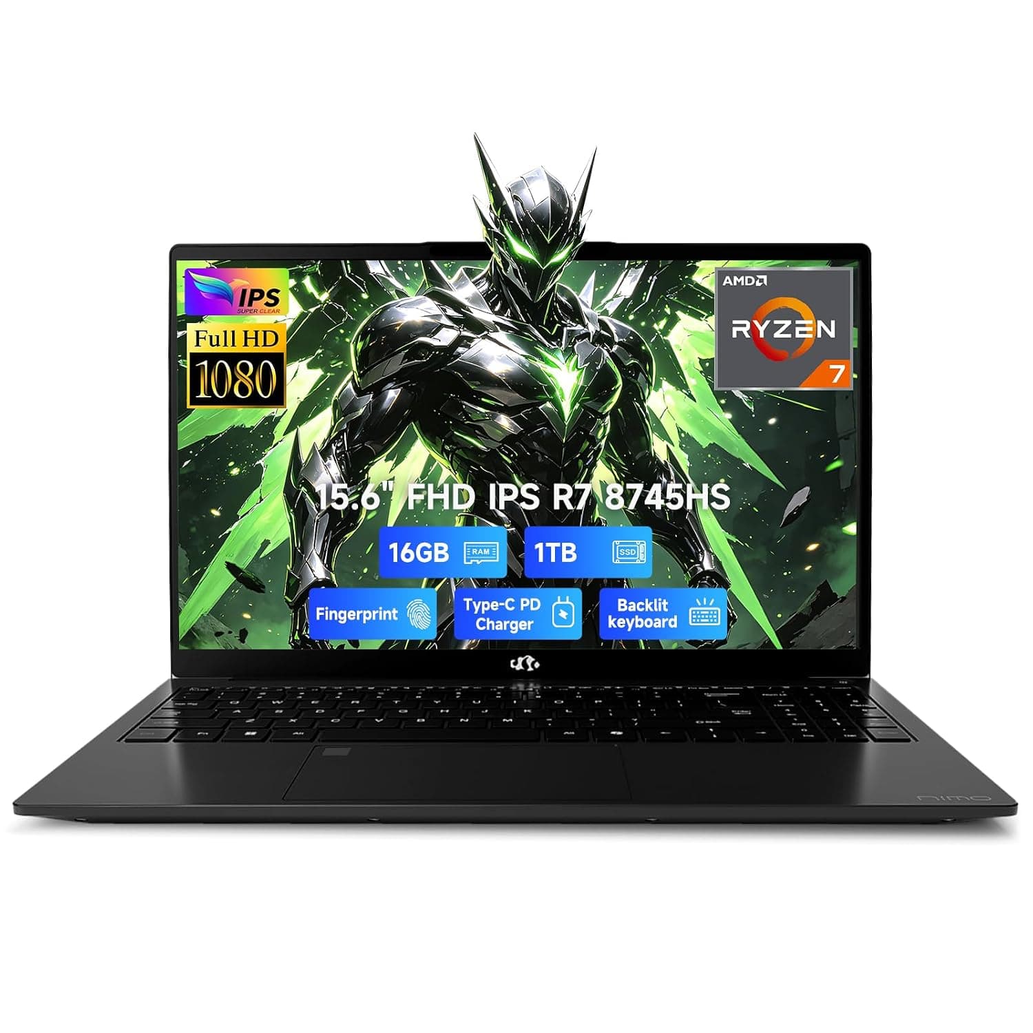 NIMO 15.6" Gaming Laptop, Ryzen 7 8745HS (8C/16T, Beats R9 7940HS) 16GB DDR5 512GB SSD, Radeon 780M Graphics, FHD IPS, Backlit KB, Fingerprint, WiFi 6E, Business Laptops for Video Editing Students