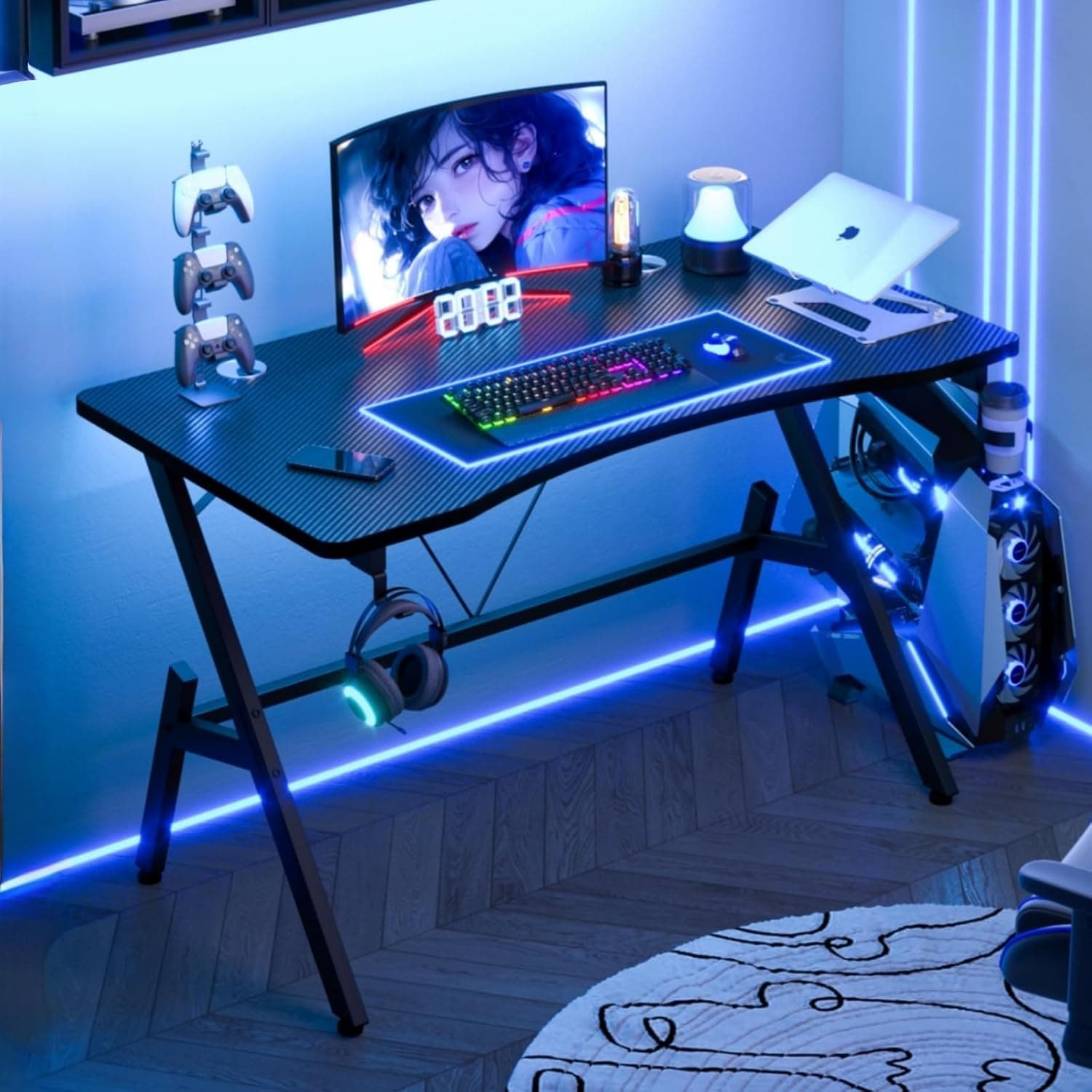 Jubestry Ergonomic A-shaped Gaming Table Computer Desk with Carbon Fiber Desktop,Office Table Study Desk with Cup Holder for Gamers 110 * 55 * 75cm (Black)
