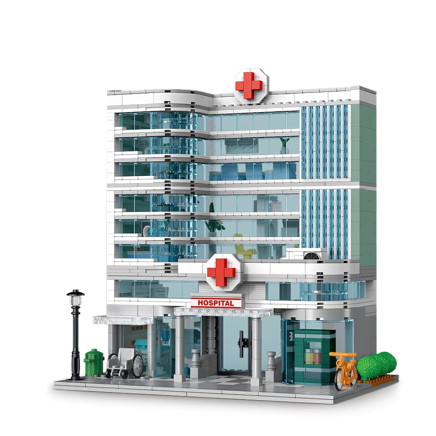 QLT Three-Level City Hospital Building Blocks with Lighting, Miniature City Building, Gift for 8-16 Boys and Girls, Clamping Blocks for Adults (1350 Pieces)