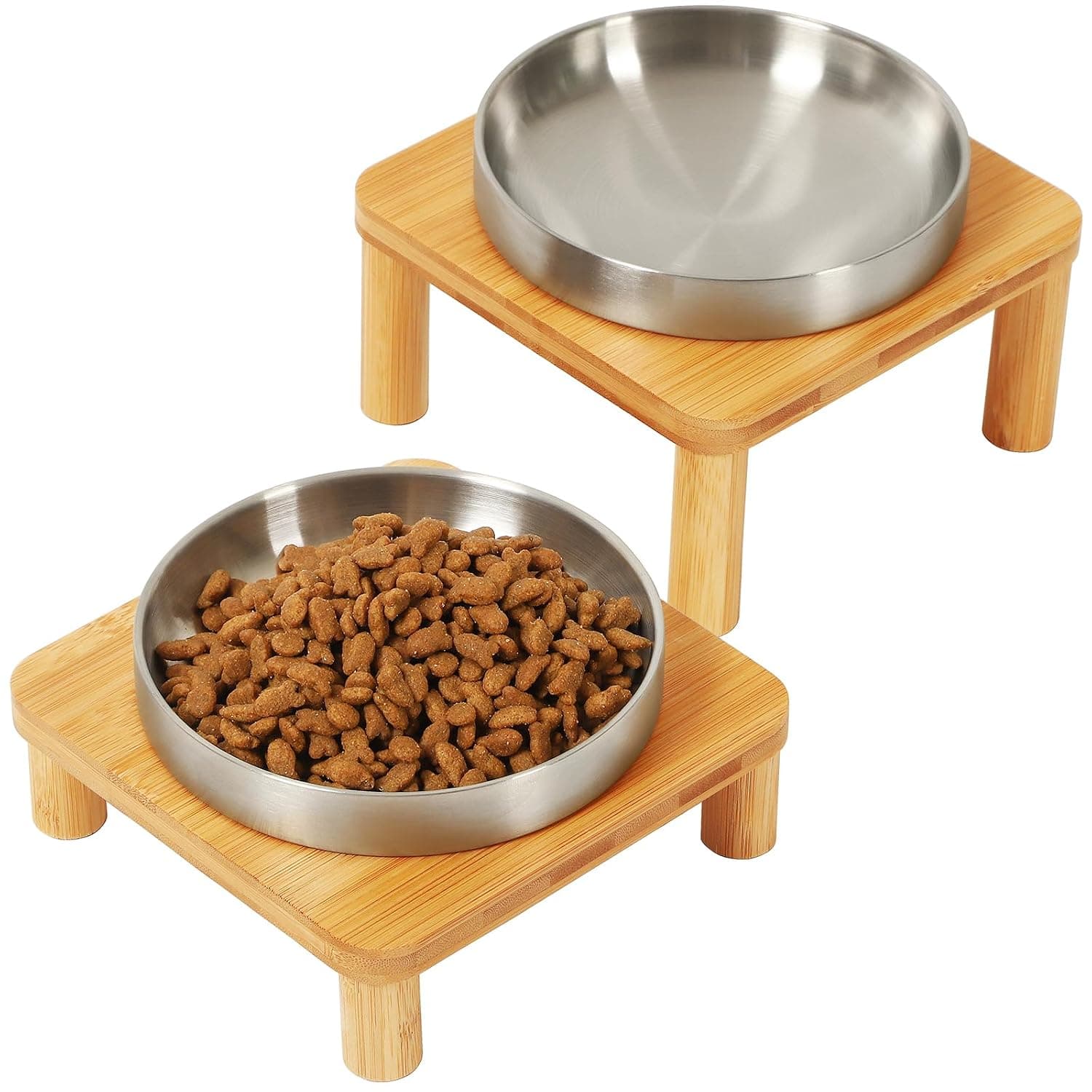 DoogCat Elevated Cat Bowls for Indoor Cats – Raised Bamboo Cat Bowl Stand with 5.5 Inch Wide Stainless Steel Dishes, Pet Food Table Plate for Easy Feeding, Whisker Friendly(Silver,Set of 2) | Premium Stainless Steel Bowls, Adjustable Height, Whisker-Friendly Design, Elevated Feeding, Easy to Clean