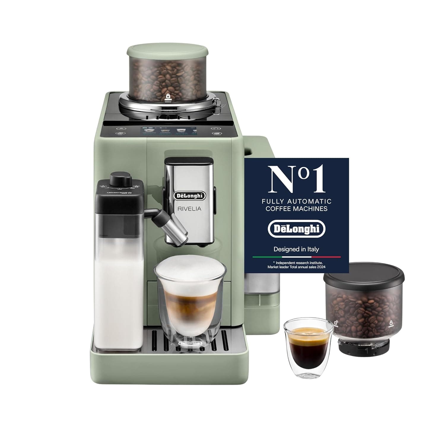 De'Longhi Rivelia Fully Automatic Coffee Machine with LatteCrema Hot, Automatic Milk Frother, Compact Size Bean to Cup Coffee Machine, 22+ Recipes, Full Touch Colored Display, EXAM441.55.GR, Green