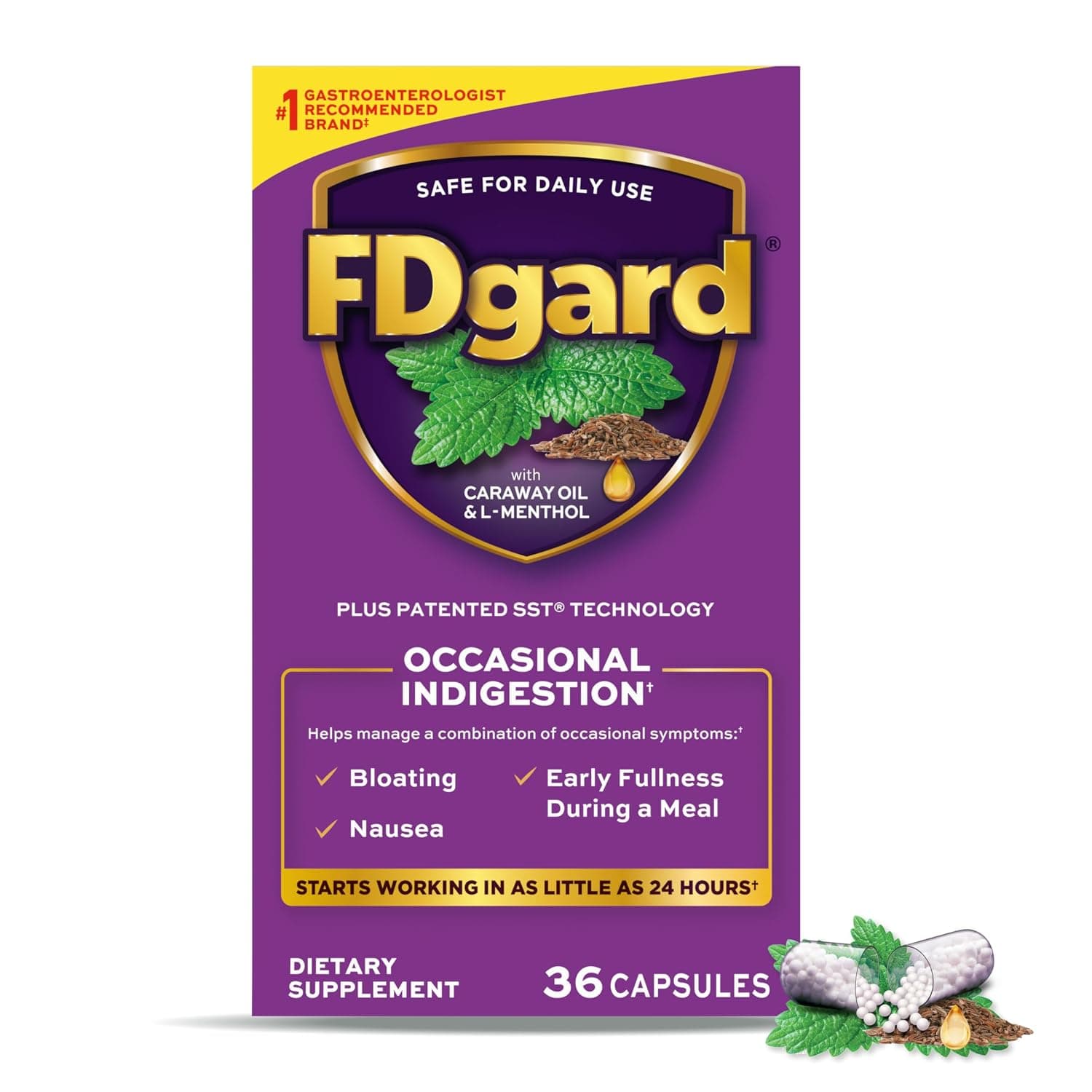 FDgard Gut Health Supplement, Indigestion, Nausea & Bloating, Upset Stomach, 36 Capsules (Packaging May Vary)