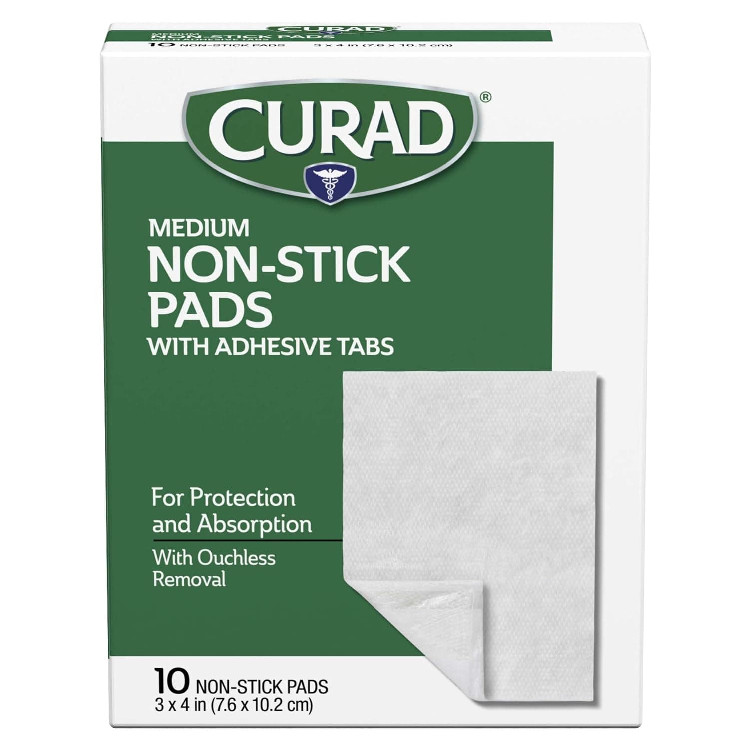 Curad Non-Stick Pads, 3 Inches X 4 Inches 10 Count | Supports Wound Care and Post-Surgical Wounds, Absorbent and Breathable, Ouchless Removal, Can Be Trimmed to Fit, Latex-Free
