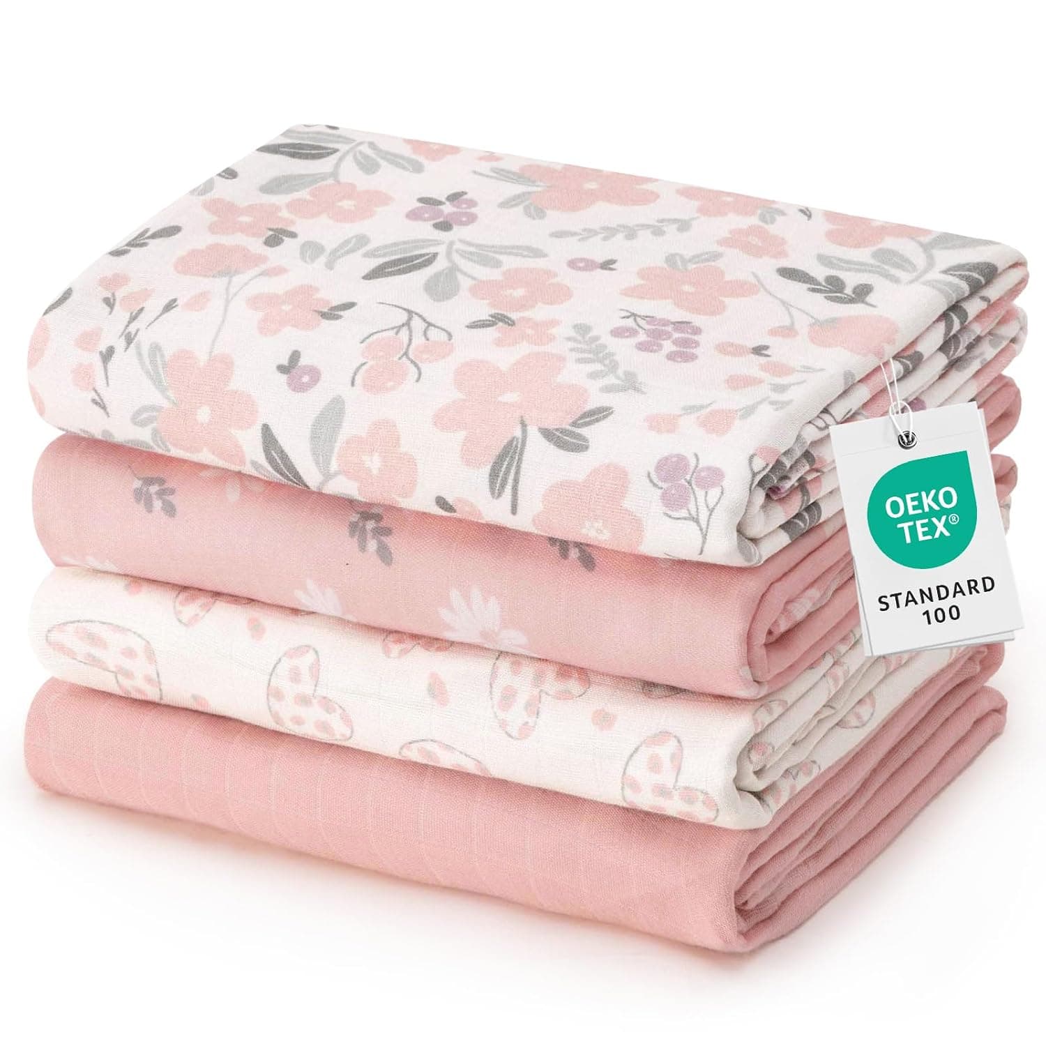 david's kids Muslin Swaddle Blankets, 4 Pack Organic Cotton Baby Blankets, Breathable Soft Receiving Blanket for Boys Girls, Newborn Essentials, Large 47 x 47 inches, Heart & Floral